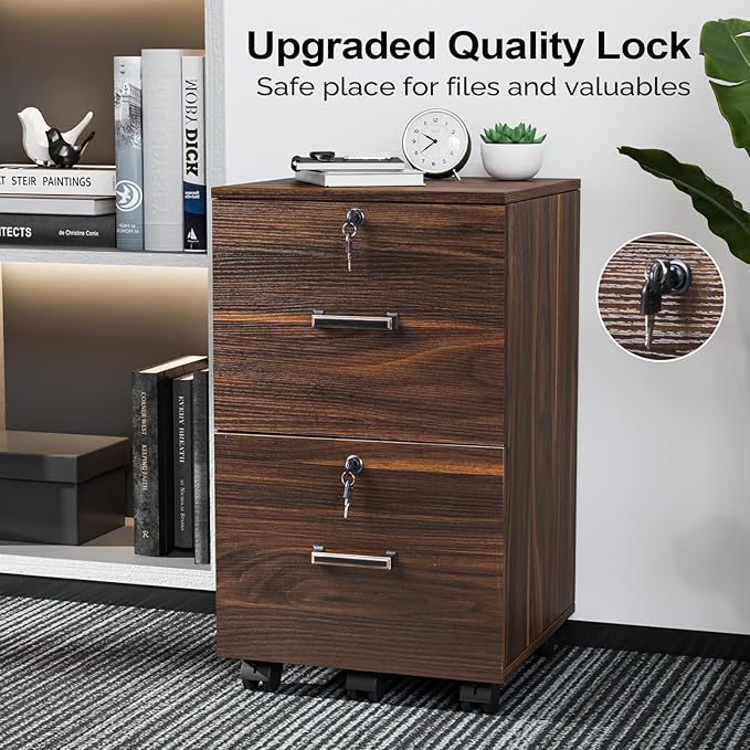 VINGLI 2 Drawer File Cabinet with Lock Wood Dark Brown File Cabinets for Letter Size File Folders with Tabs Under Desk Rolling Filing Cabinet for Home Office Mobile File Organizer Printer Stand