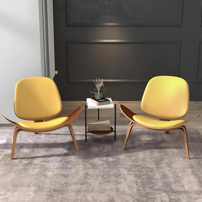 homary Leather Walnut Tripod Accent Chair High Back Lounge Chair with Soft Faux Leather Seat Sturdy Wood Frame for Living Room Bedroom (Black &amp Yellow)