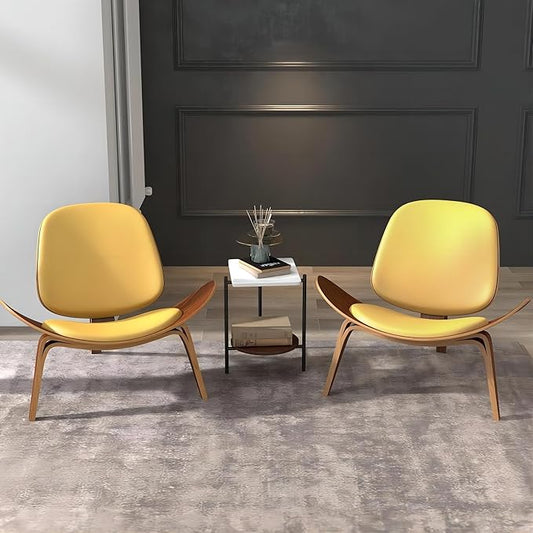 homary Leather Walnut Tripod Accent Chair High Back Lounge Chair with Soft Faux Leather Seat Sturdy Wood Frame for Living Room Bedroom (Black &amp Yellow)