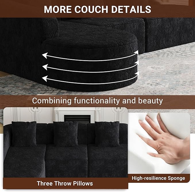 112 L Shaped Curved Sofa Modular Sectional Couch with Chaise Boneless Couch for Living Room Modern Comfy Long-Pile Polyester Fabric Cloud Sofa with Three Pillows No Assembly (Black 112 Left)