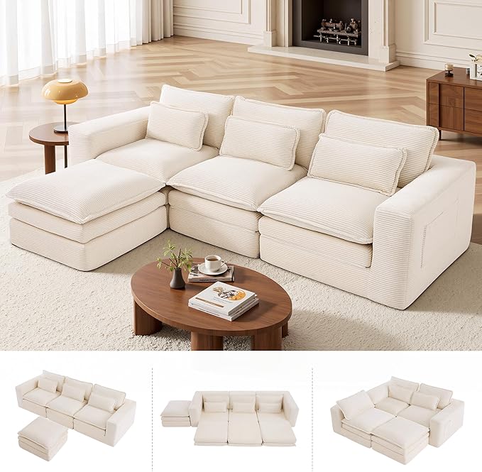 109 Sectional Couches Boneless Modular Sofa for Living Room with Ottoman | No Assembly Required Sofa Bed L shaped Couch | Corduroy Deep Seat Couch with Double Layer Cushion &amp Removable Cover | Be