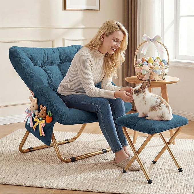 Comfy Saucer Chair Foldable Living Room Chairs Soft Faux Fur Lounge Chair for Bedroom Reading Chairs for Adults Teens X-Large (Blue Grey)
