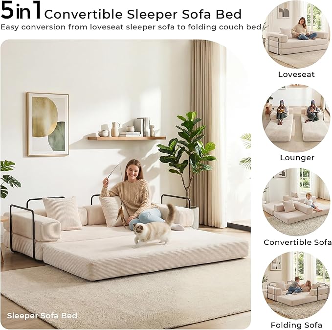 WELAX 77 Convertible Sleeper Sofa Bed Boneless Cloud Queen Futon Couches with 2 Pillows &amp Removable Armrests Corduroy Folding Floor Couch No Assembly for Bedroom Living Room Beige
