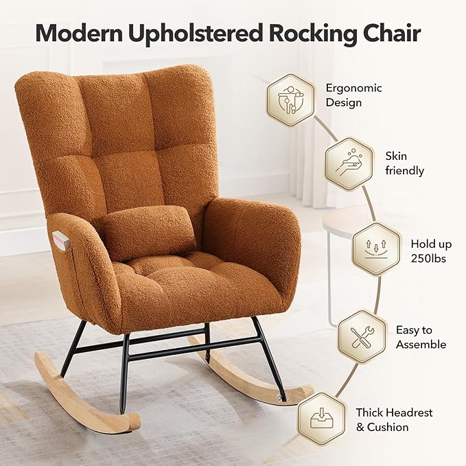 Nursery Rocking Chair Upholstered Padded Seat Rocking Chair with High BackrestModern Accent Recliner for Living Room Bedroom Cozy Reading