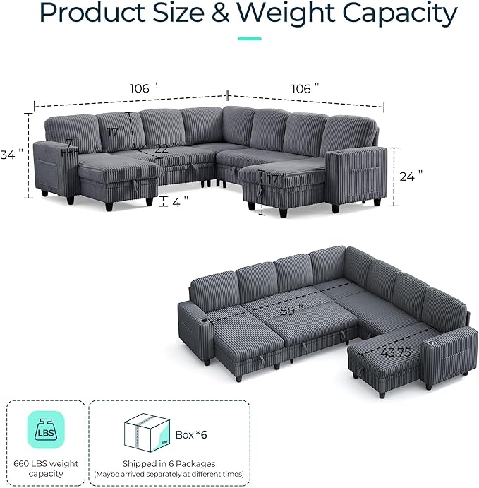 LINSY HOME Sectional Sleeper Sofa Pull Out Couches for Living Room (Grey Sleeper Sofa 5) | Pull Out Sofa Bed Storage USB Charging Cup Holders Plush Corduroy