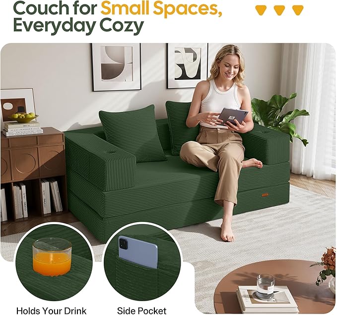 COMAX Futon Sofa Bed 4‑in‑1 Convertible Sofa Bed Folding Boneless Couches for Living Room Fold Out Small Foldable Loveseat Floor Sleeper Comfy Mattress Lounge Space‑Saving Green