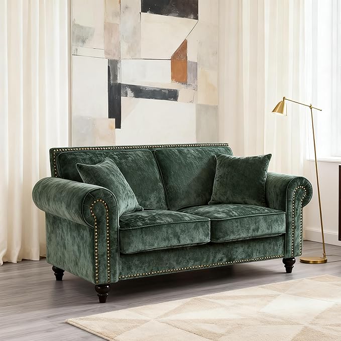 Loveseat Velvet Fabric Two- Seater Couch Buckle Design and Rivet Decoration Deep Seated Double Sofa Suitable for Living Room Bedroom Apartment Hotel etc (green-01)