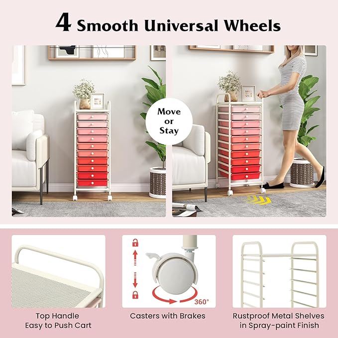 Giantex 10-Drawer Storage Cart w/Universal Wheel Rolling Cart w/Handle Home Organizer Storage Unit w/Removable Drawers Trolley Utility Cart for Kitchen Makeup Living Room Office Play Room