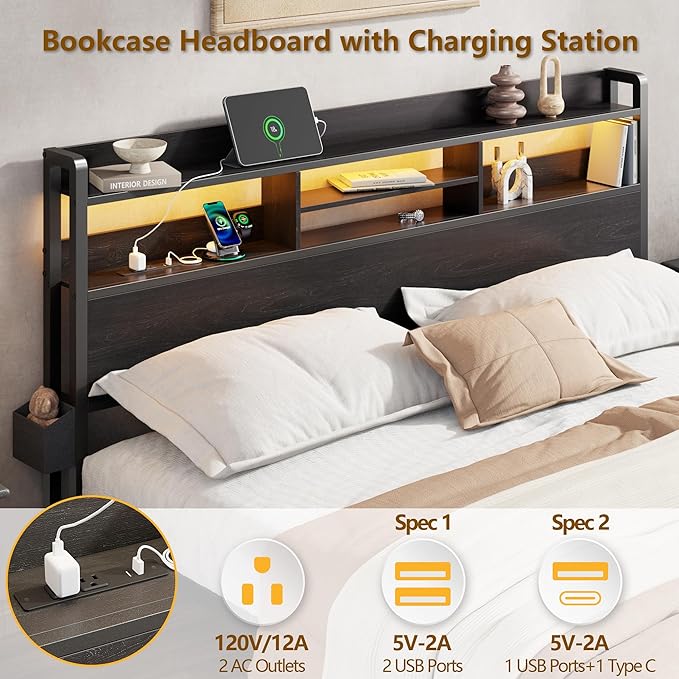 Furnulem King Bed Frame with Wood Headboard &amp Storage Drawers Metal Platform Bed Frames King Size with LED Lights Built in Charging Station No Box Spring Needed No Noise Easy Assembly Black