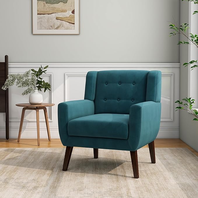 Accent Chair Mid-Century Modern Velvet Fabric Chairs with Arms for Living Room Comfy Upholstered Club Single Sofa Armchair for Bedroom Waiting Room with Solid Wood Frame (Velvet Blue Set of 1)