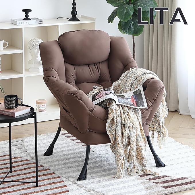 LITA Lazy Chair with Armrests and Side Pocket Modern Upholstered Accent Reading Chair for Living Room Bedroom Dorm Small Spaces Single Dark Brown