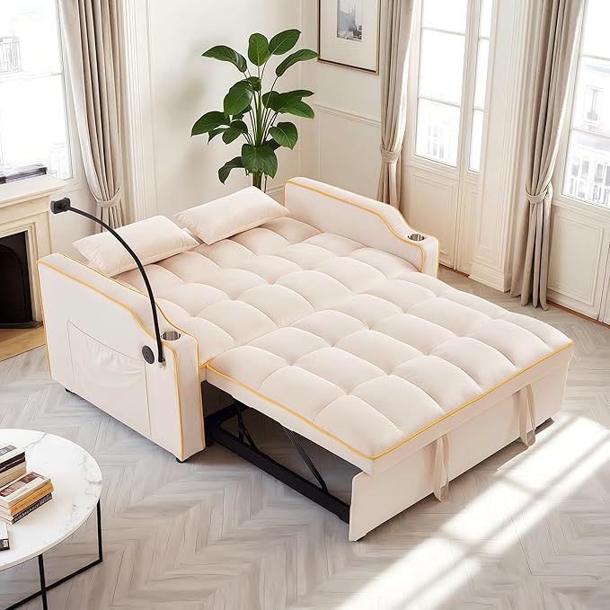 Loveseat Pull Out Couch 3 in 1 Convertible Sofa Bed Adjustable Backrest with Phone Holder Side Pocket &amp USB Port Modern Sofa for Living Room Bedroom Apartment (White)