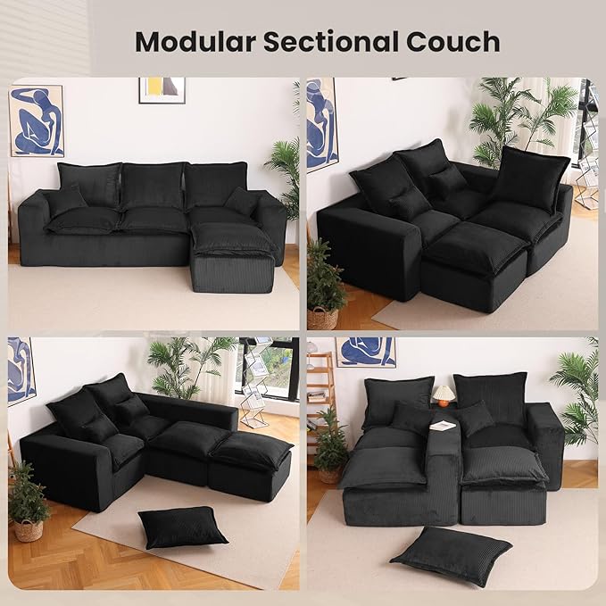 DOPEDIO 107 Cloud Modular Sectional Sofa with Ottoman &amp L-Shaped Chaise Deep Seat Boneless Couch in a Box for Living Room Upholstered Comfy Sofa No Assembly RequiredBlack