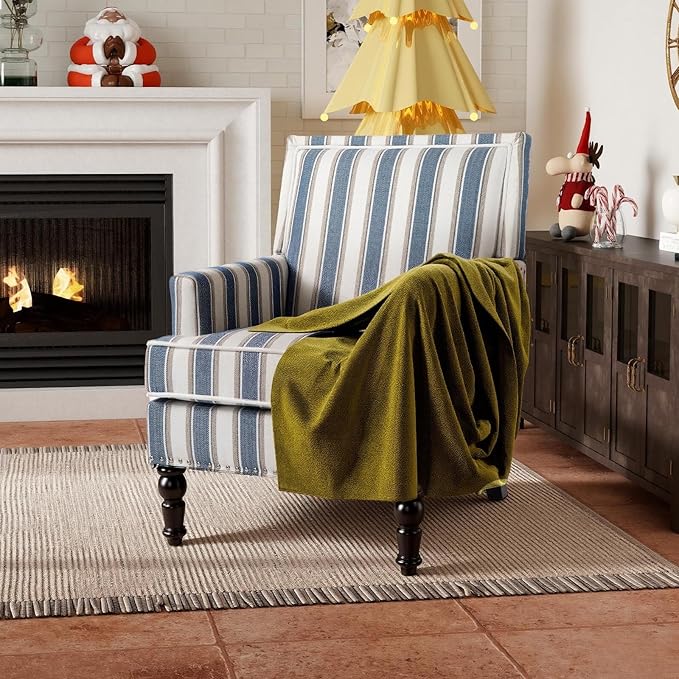 Rovibek Midcentury Modern Accent Chair - High Back Living Room Chairs Upholstered Armchair with Solid Legs Blue Striped Accent Chair for Living Room Bedroom Balcony