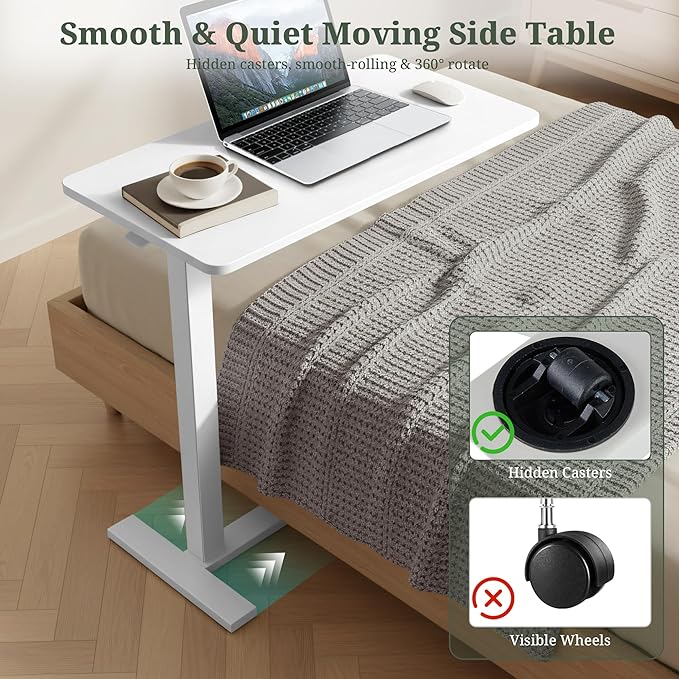Mobile Standing Desk Adjustable Height Desk with Hidden Casters Portable Laptop Computer Table with Rolling Wheels for Sit Stand Workstation Compact and Sturdy for Home Office Dorm White