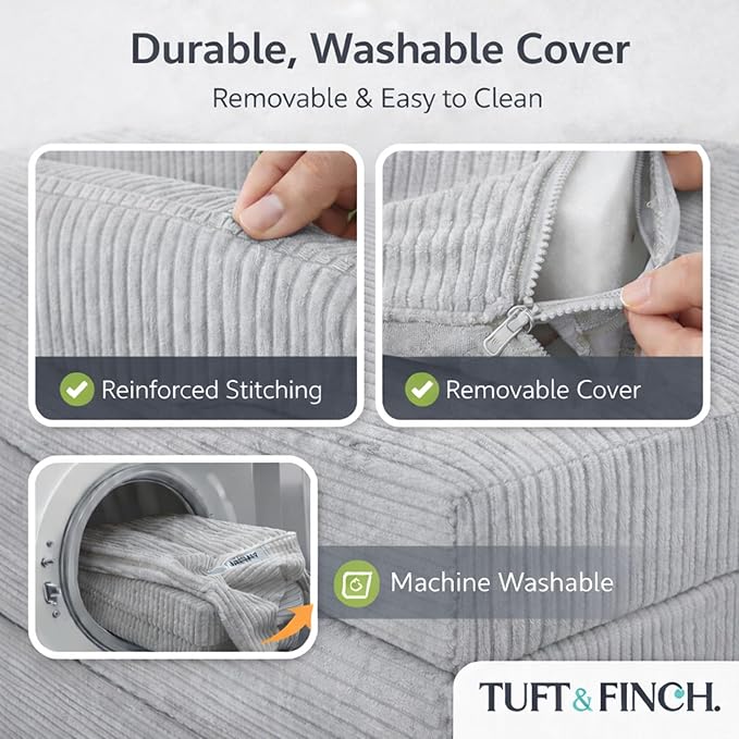 TUFT&ampFINCH 82 Folding Convertible Sofa Bed – 5 in 1 Modular Corduroy Boneless Couch for Living Room Pet-Friendly Cloud Couch Removable Washable Covers CertiPUR US Foam - Light Grey