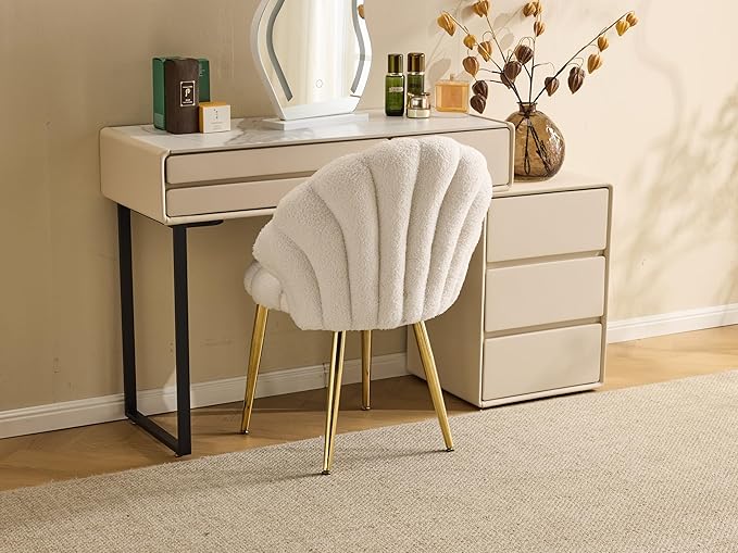 VINGLI Shell-Shaped Teddy Fleece Accent Vanity Chair with BackComfy Khaki and Gold Desk Chair No WheelsCute Small Pearl Deco PillowGift for Girls/Womenfor MakeupOfficeDiningNailSewingBedroom