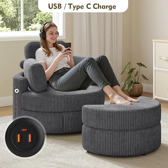 MEISSALIVVE Swivel Accent Chair with Half Moon Ottoman Round Chairs with Drawer Storage for Living Room 360° Barrel Chair with USB Charging Port (Dark Grey Corduroy)