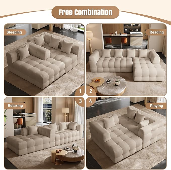 120 Boneless-Couch L-Shaped Sofa for Living Room Cloud Couch with Chaise Lounge Sectional Upholstered Chenille Deep Seat Couches with 4 Pillows No Assembly Required Light Brown