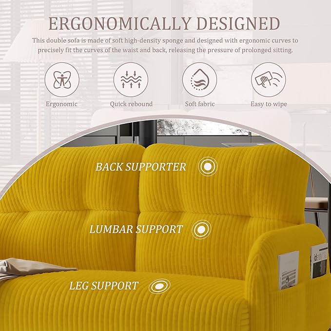 47'' Small Loveseat Sofa Comfy Corduroy Love Seat Couch for Small Spaces 2 Seater Sofa Office Couch with Solid Wood Legs for Living Room Bedroom Apartment (Yellow)
