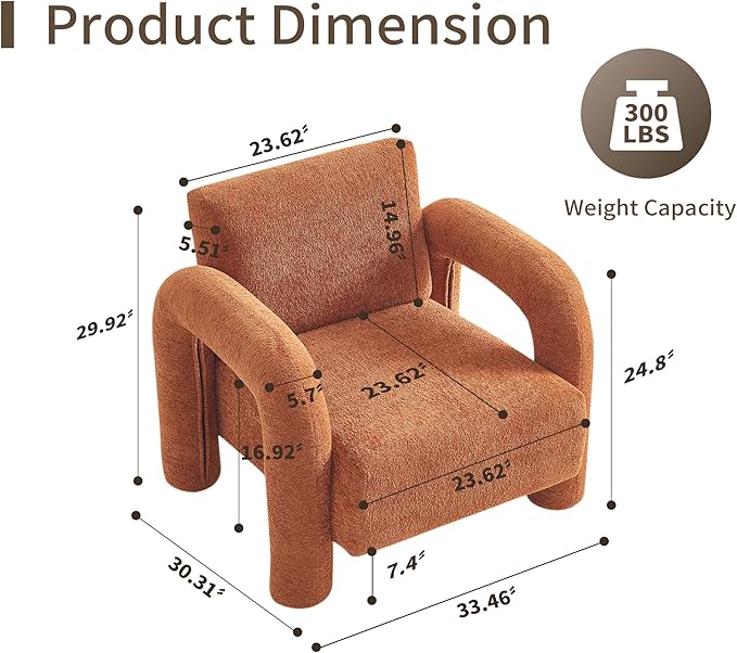 33.5 Modern Accent Chair Upgrade Sherpa Fabric Living Room Sofa Chair Comfy Arm Chair Leisure Armchair Single Sofa Chair with Curved Arm for Living Room ApartmentOrange