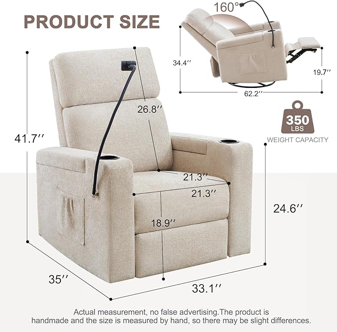 ABCASA Power Recliner Chair Swivel Glider Set of 2 Nursery Glider Recliner Chenille Rocking Recliner Chair with Adjustable Phone Holder Hidden Arm Storage USB &amp Type-C for Living Room Light B