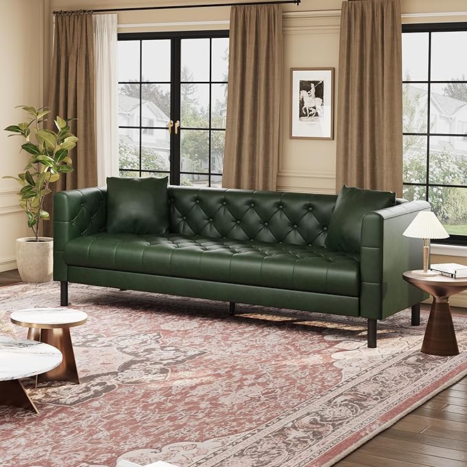 81 Button-Tufted Leather Sofa Mid-Century Modern Chesterfield 3 Seater with Deep Seat and 2 Pillows Ideal Leather Couch for Living Room Apartment and Office Use (Dark Green)