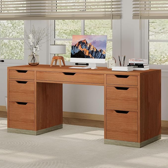 54 Inch Executive Desk with Drawers Computer Desk with 7 Drawers for Bedroom Office Desk with File Cabinet for Work Study Writing Small Spaces Brown