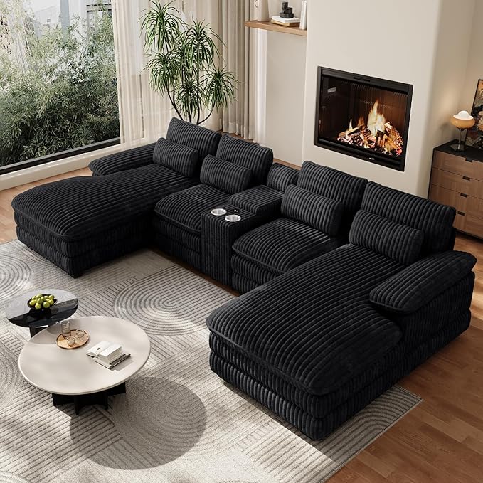 133 Oversized U Shaped Cloud Couch Modular Sectional Couches for Living Room Comfy Corduroy Deep Seat Sofa Set with Double Chaise Lounge Storage Central Console Cup Holders USB Port Black