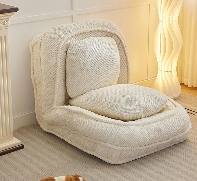 Foldable Lazy Sofa Bed Floor Chair Upholstered Human Dog Bed with 5 Adjustable Position Comfy Tatami Lounge Chair with 2 Pillows Lazy Sofa for Bedroom Living Room Reading (White)