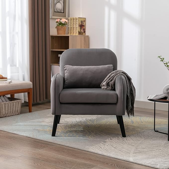 Mid Century Modern Accent ChairSingle Sofa Chair with Solid Wood Legs Comfy Fabric Upholstered Reading Armchair with A Soft Cushionfor Living Room BedroomApartmentOffice (Light Gray)