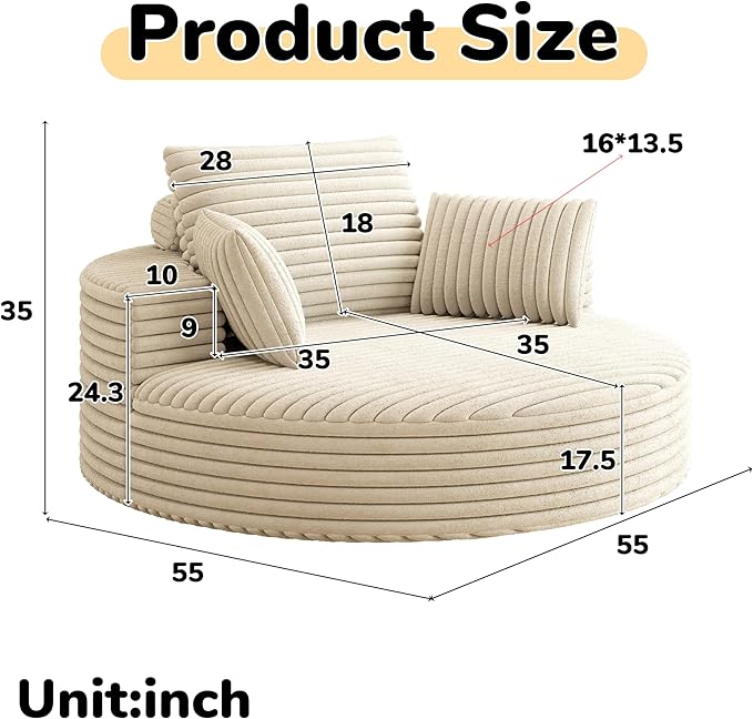 TTK 55” Oversized Corduroy Swivel Chair Fluffy 360° Rotating Sleeper Armchair with Pillows &amp Headrest Full Foam Barrel Chair for Living Room Bedroom Reading Nook Lounge or Apartment Beige