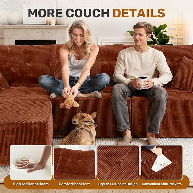 113 Modular Sectional Sofa for Living Room Convertible L-Shape Couch with OttomanModular Sectional SofaReddish Brown Corduroy