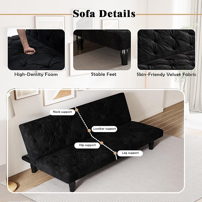 72 Pink Velvet Futon Couch Living Room Couch Bed Convertible Sleeper Sofa Bed with Cup Holder for Bedroom Guest Bed 2 Seater Reclining Sofas Couches with Nailhead Trim for Small Space (Black New)