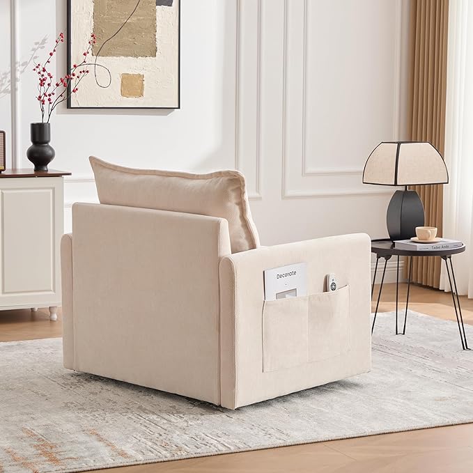 36.2” Swivel Accent Chair with Side Pockets Mid Century Modern Beige Armchair with Solid Metal Base Comfy Single Sofa Chair 360 Degree Swivel Barrel Chairs for Living Room Bedroom (Beige)