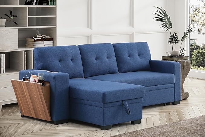 Ball &amp Cast L-Shape Reversible Sectional Sleeper Sofa Bed4 in 1 Pull Out Couch with Storage Chaise USB Ports &amp Cup HolderConvertible Sleeper Corner Couch Pull-Out Sofa Bedfor Living RoomOf