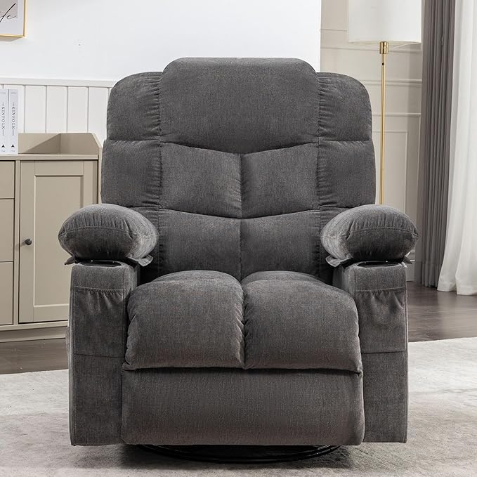 360 Swivel Massage Recliner Chair with 2 Cup Holders Heated &amp Massage Function Adjustable Backrest USB Port &amp 2 Side Pockets for Adults (Grey)