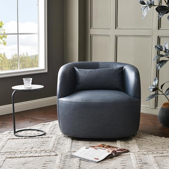 KINWELL 34 Wide Swivel Faux Leather Armchair No Assembly Upholstered PU Leather Swivel Accent Chairs with Toss Pillow for Living Room Office Lounge Navy