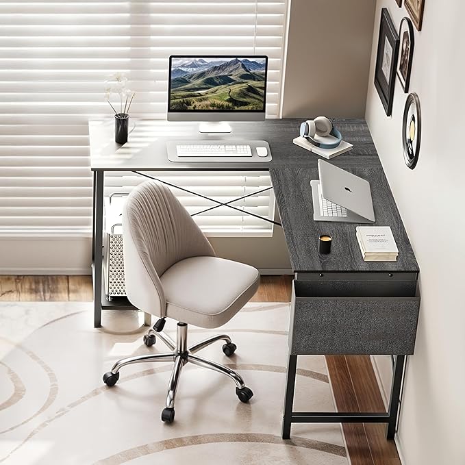 L Shaped Desk Gaming Computer 50 Inch Reversible Corner Table PC for Writing Study Student with Wood Tabletop Metal Frame CPU Stand Side Bag for Home Office Small Place Grey