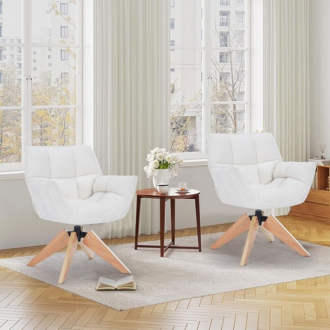 Mid Century Accent Chair Lambs Wool Vanity Chair Modern Cozy Desk Chair no Wheels with Amrest Wood Legs for Living Room Reading Room Bedroom White Lambwool