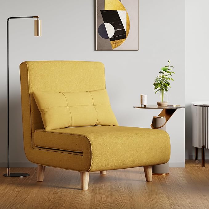 Aiho Futon Sofa Bed 3-in-1 Convertible Sleeper Chair Bed Futon Chair with 6-Level Adjustable Backrest and Pillow for Apartment Dorm Office Linen Yellow
