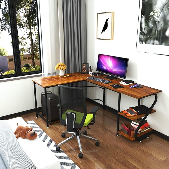 Weehom Reversible L-Shaped Desk with Shelves Large Corner Gaming Computer Desks for Home Office Writing Workstation Wooden Table