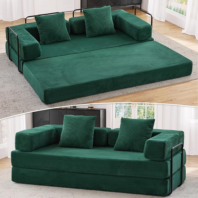 Antetek Modular Futon Sofa Bed Convertible Folding Corduroy Comfy Memory Foam Floor 3 Seater Loveseat Sleeper Sofa Couch Bed Chaise Lounge with 2 Pillows for Guest Room Living Room Office Green