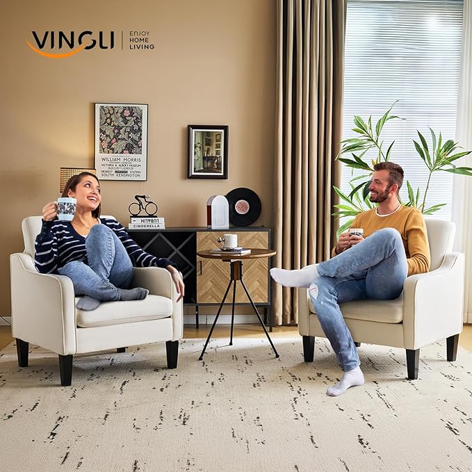 VINGLI Accent Chairs Set of 2 Beige Upholstered Linen Accent Chair for Living Room Bedroom Mid-Century Modern Arm Chair Comfy Reading Chair with Scooped Arms