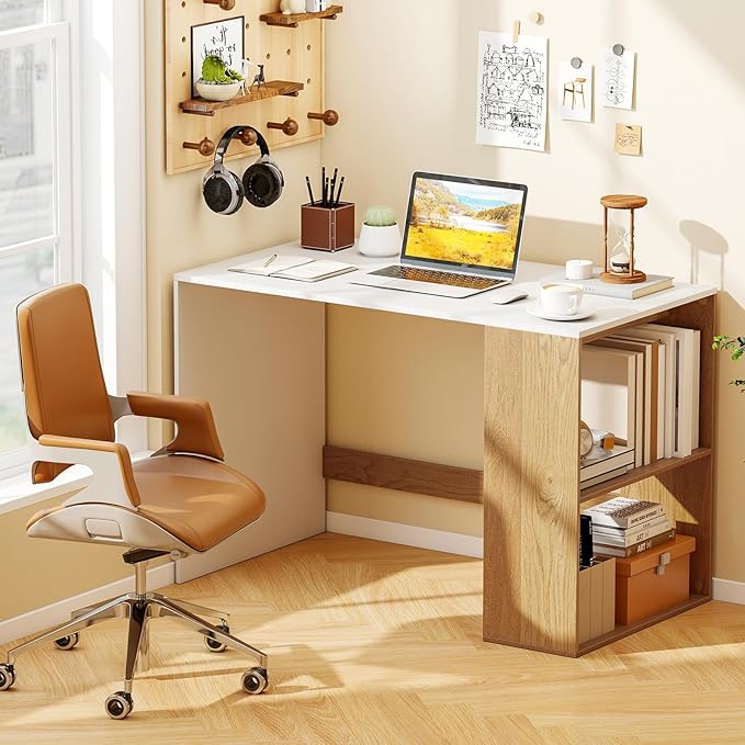 Giantex Small Desk with Bookshelf 44 Inch Modern Computer Desk for Small Spaces Laptop PC Desk Vanity Table for Bedroom Study Writing Desk for Home Office (White+Natural)
