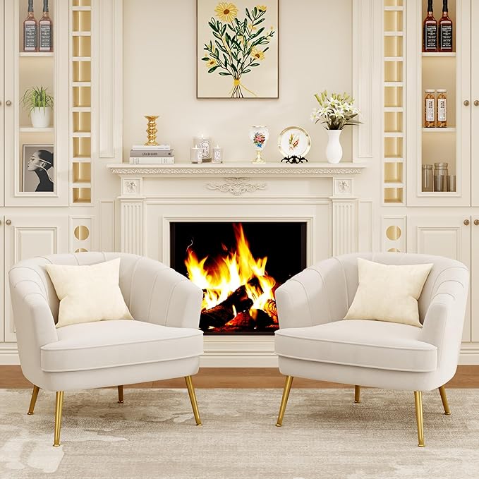 Andeworld Upholstered Velvet Accent ChairVelvet Fabric Club Barrel Chair Morden Living Room Chair for Bedroom/Reading SpacesIvory