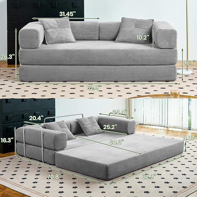 Compression Sofa - 62''Convertible Floor Sofa Bed - with Pillow Back Support Armrest - Comfy Foldable Sofa Bed Compressed Sofa in Box - Corduroy Fabric - for Living Room Bedroom (Gray)