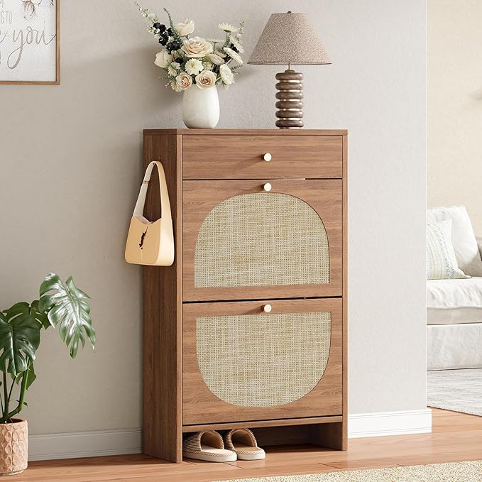 Nicetree Shoe Cabinet for Entryway Slim Shoe Rack with 2 Flip Drawers and Top Storage Drawer Narrow Shoe Organizer with Arched Rattan Accent Entryway Shoe Storage for Size 12 Shoes Caramel