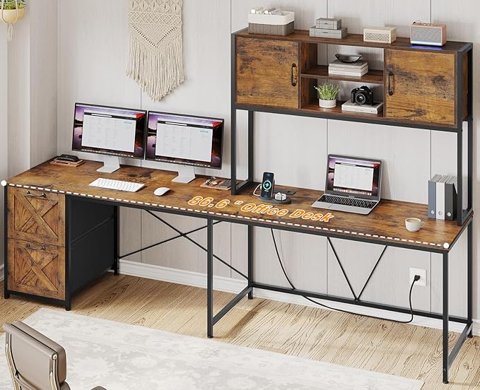 SEDETA L Shaped Desk with Drawers 62.2 Home Office Desk with Fabric File Drawers and Power Outlet L Shaped Desk with Hutch Storage Shelves LED Lights Rustic Brown