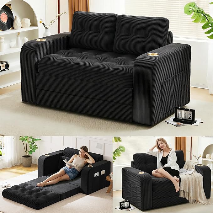 55 Futon Sofa Bed 4‑in‑1 Convertible Sofa Bed Folding Boneless Couches for Living Room Fold Out Small Foldable Loveseat Floor Sleeper Comfy Mattress Lounge Space‑Saving Black